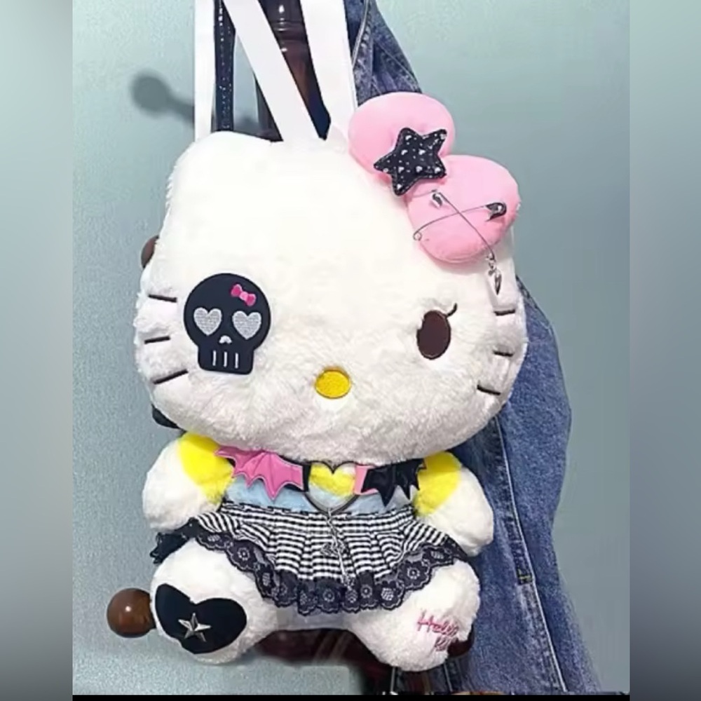 Halloween PUNK ROCK Hello Kitty Plush Backpack Purse Bag with Skull Design PINK